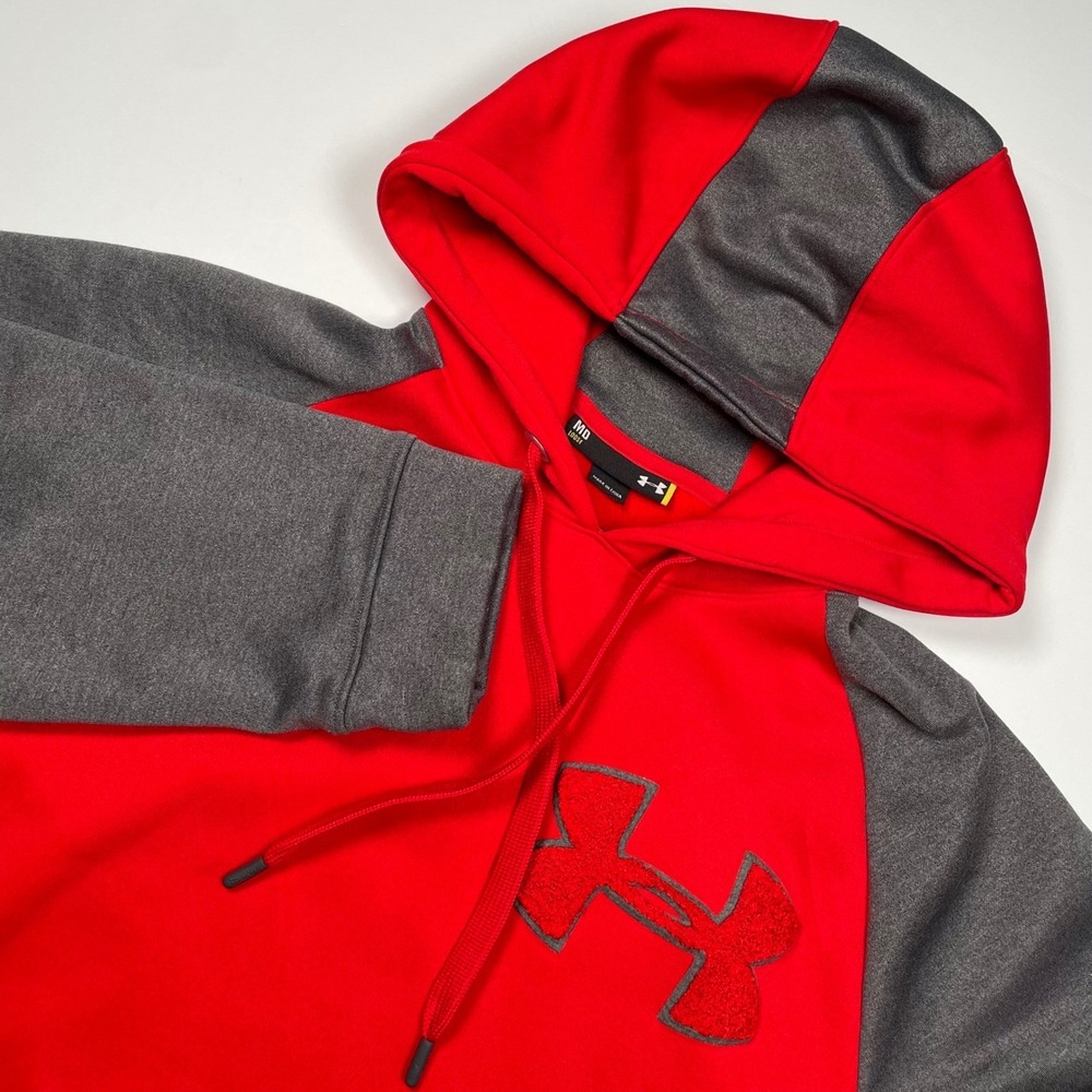 Under Armour Loose Fit Fleece Hoodie Red Grey Raglan Chenille Logo Sweatshirt M
